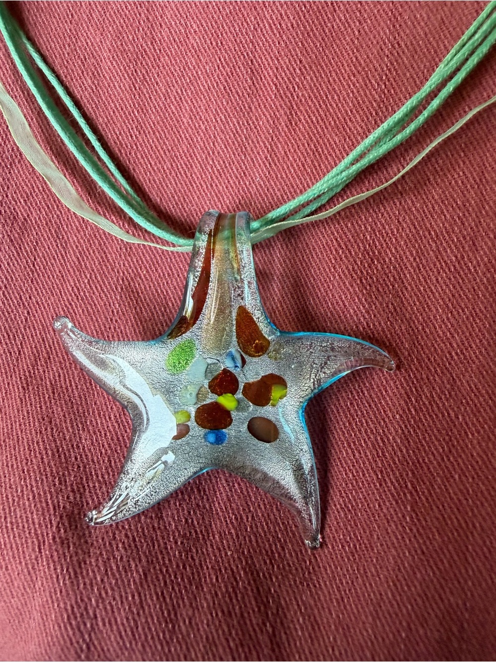 Laila Rowe Glass Starfish Necklace On Sage Green Ribbon Cord 16”-18”